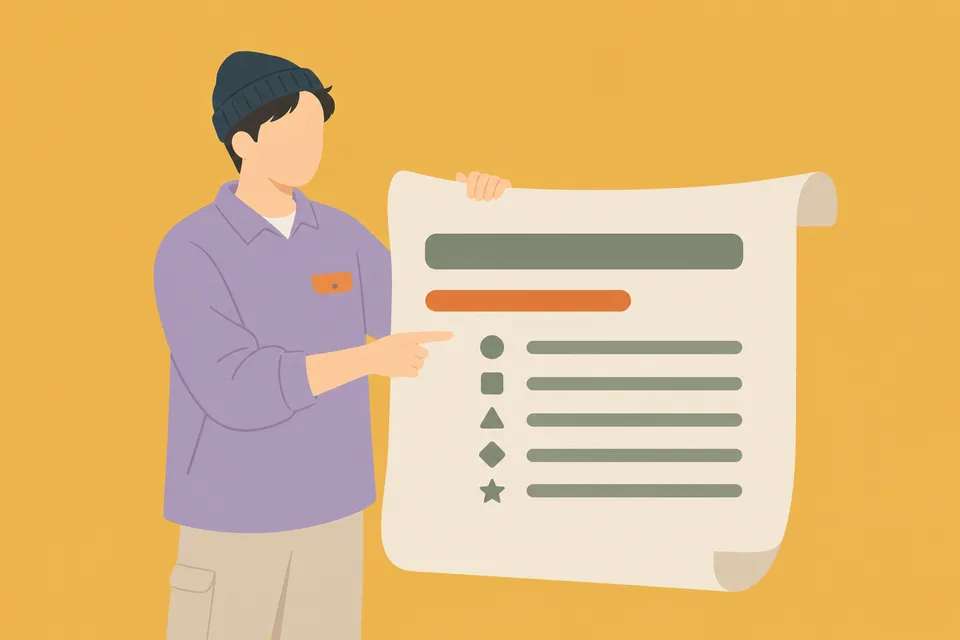 スタッフが記事の見出しと目次の巻物を広げて指し示しているイラスト