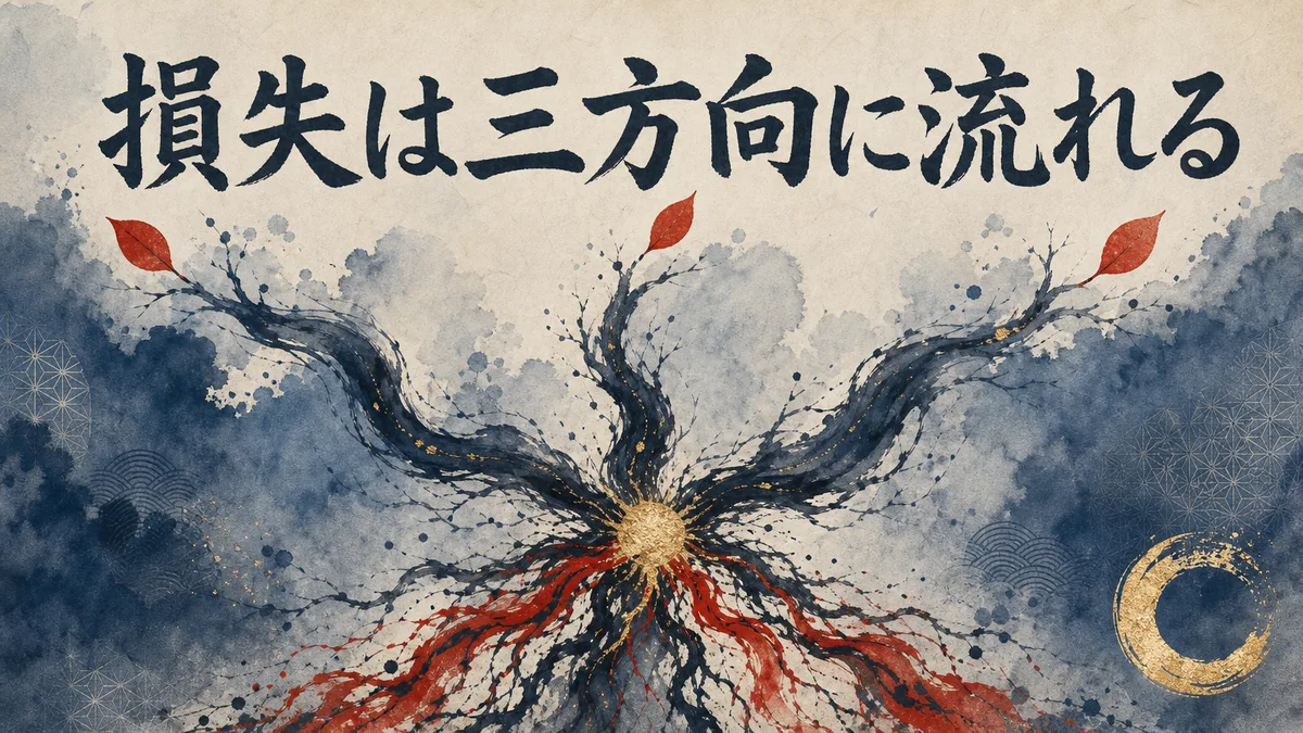 墨と朱で描かれた木の根と三本の枝、オンボーディング不備の損失が三方向に流れる構図