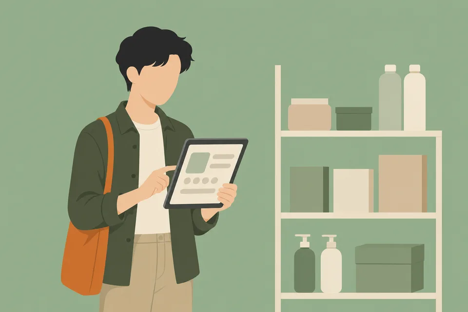 商品棚の前でタブレットの記事プレビューを確認するスタッフのイラスト