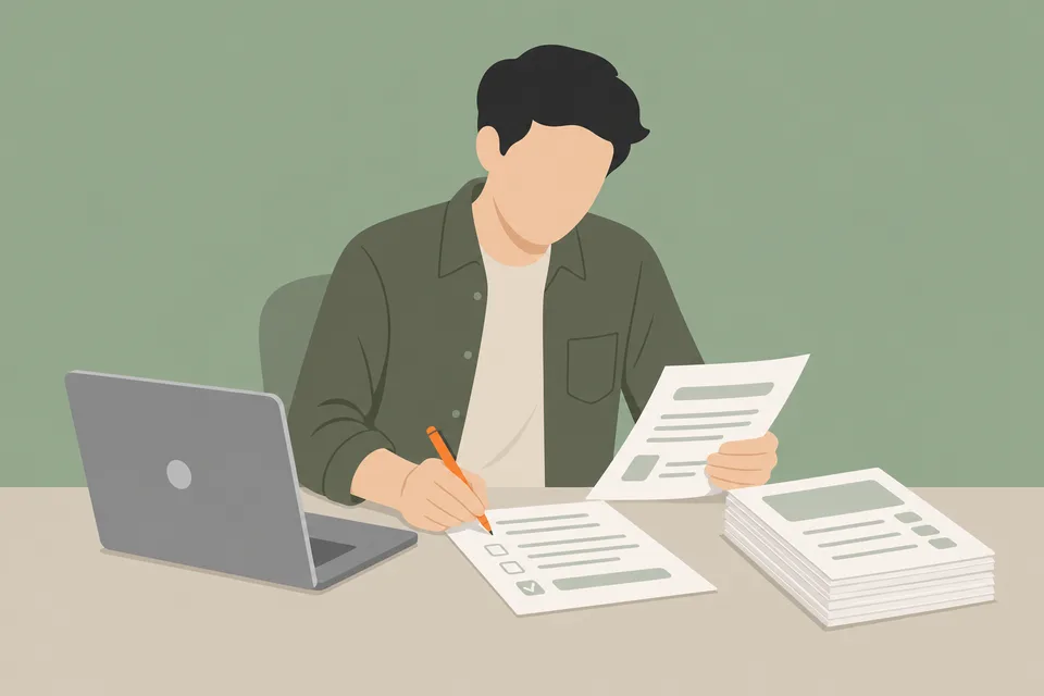 書類とノートパソコンが並ぶデスクで申告書類を確認する税理士のイラスト